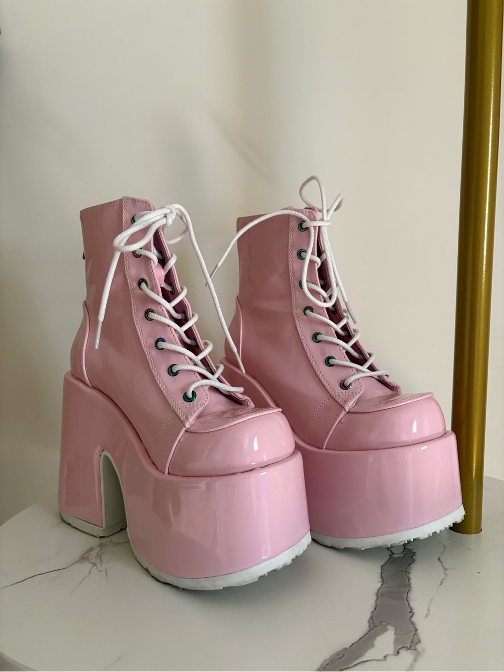 Demonia Pink Patent Platform Lace-Up Ankle Boots